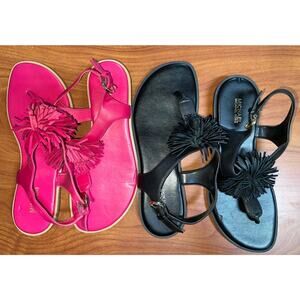 2 Pairs- Womens Michael Kors Sandals Lolita Pom Pom Black & Pink Leather Sz 7M